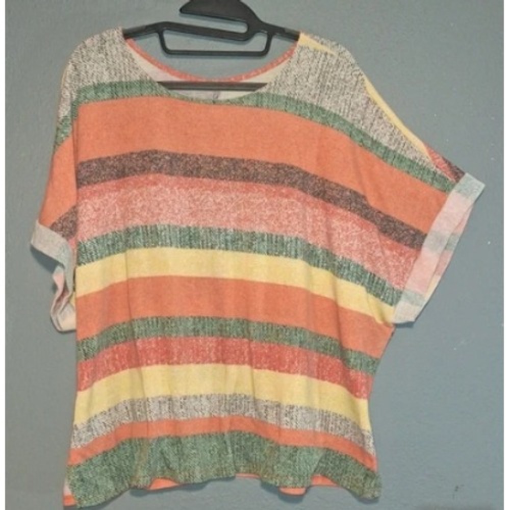 Yee Women Multi Color Striped Relaxed Knit Top Short Sleeve Scoop Neck Medium